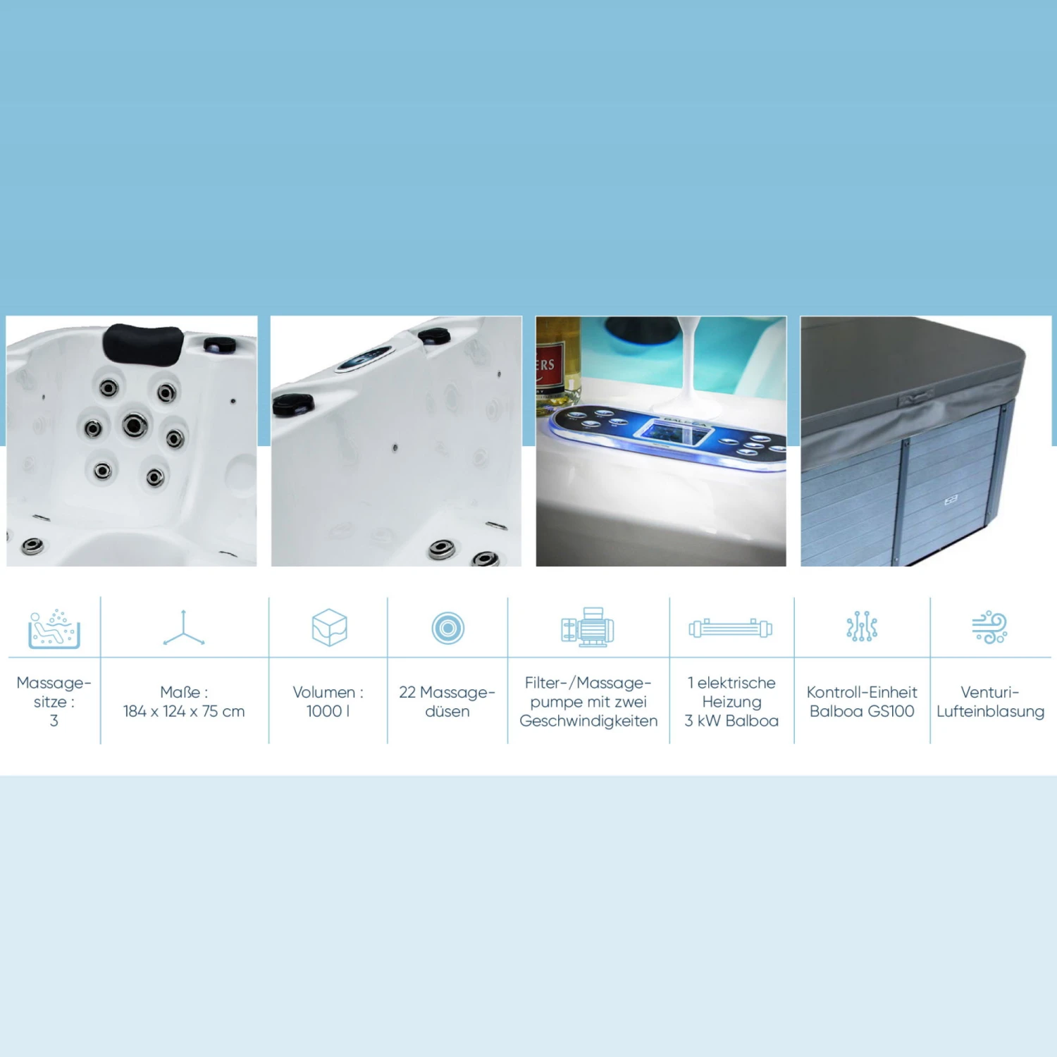 Whirlpool SPA Francisco 1000l, 184x124x75 Cm, 22 Düsen – Bild 3