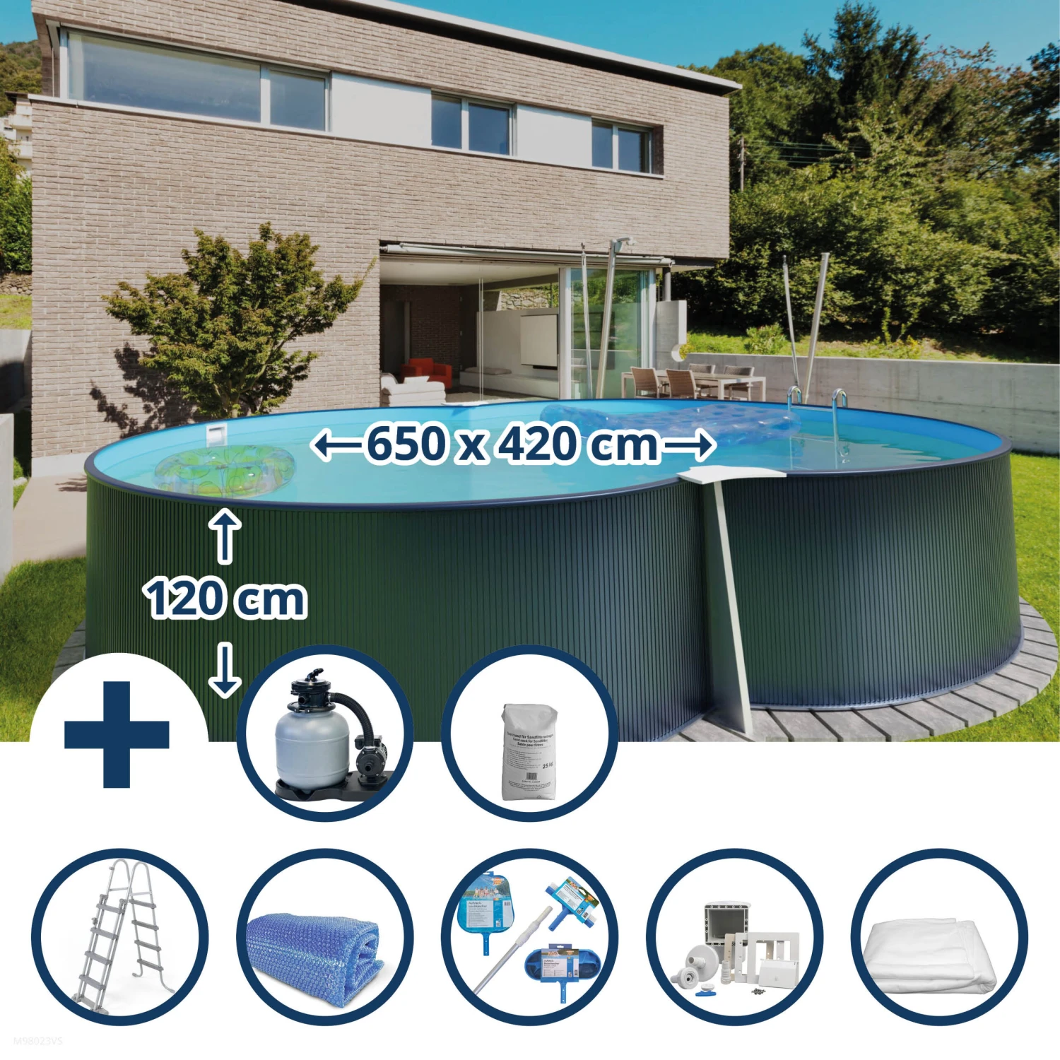 Waterman Stahlwandpool Set (8-teilig) Hoch Achtform 650x420x120 Cm, Stahl 0,4 Mm Anthrazit Folie 0,4 Mm Blau