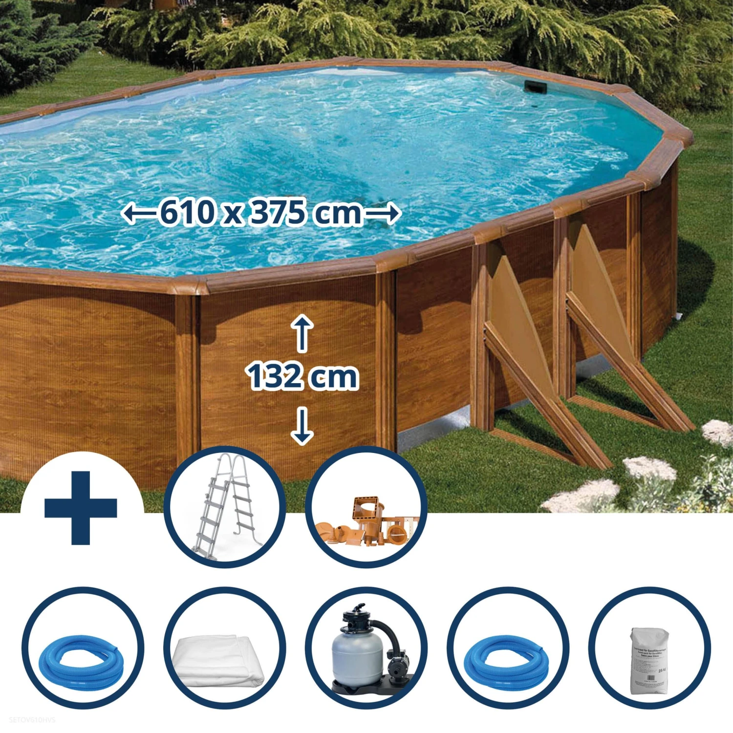 GRE Stahlwandpool Set (7-teilig) Hoch Oval 610 X 375 X 132 Cm, Stahl 0,45 Mm Holzoptik Folie 0,4 Mm Blau