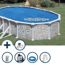 GRE Stahlwandpool Set (6-teilig) Hoch Oval 610 X 375 X 120 Cm, Stahl 0,45mm Steinoptik Folie 0,3mm Blau