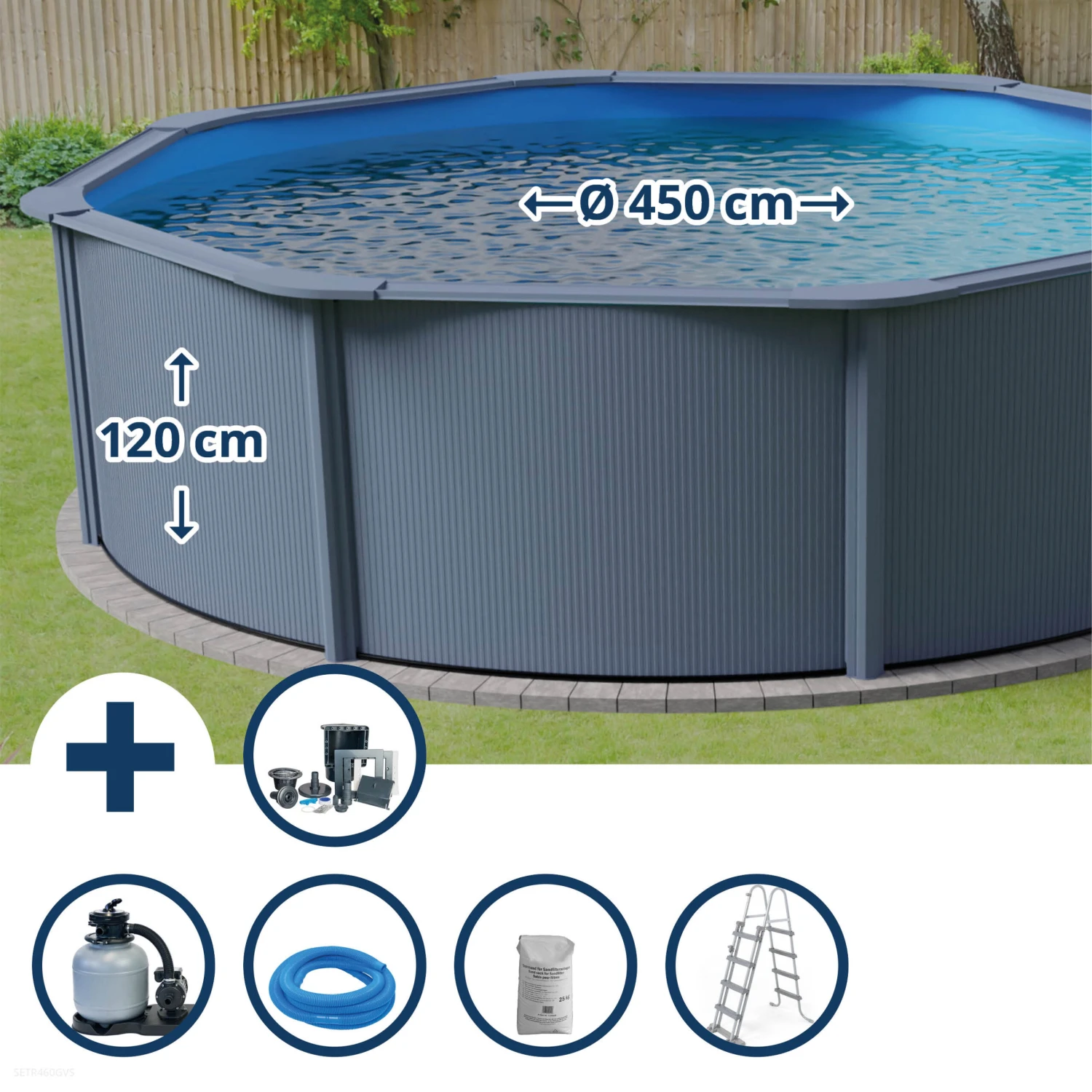 GRE Stahlwandpool Set (5-teilig) Hoch Rund Classic 450 X 120 Cm, Stahl 0,45mm Anthrazit Folie 0,3mm Blau
